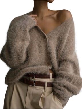 Cozy Fuzzy V‑Neck Cardigan in Taupe